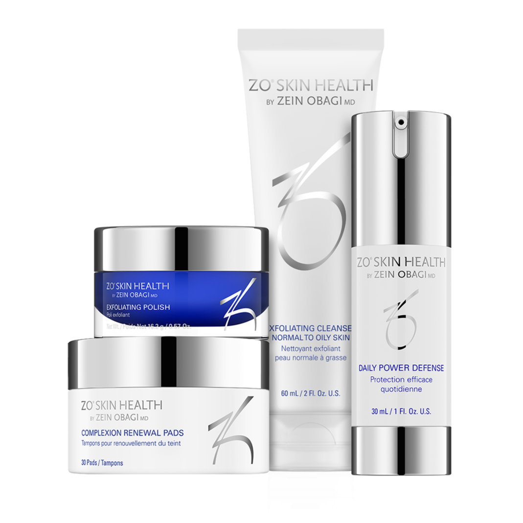 Collection of skincare products with visible branding on a white background