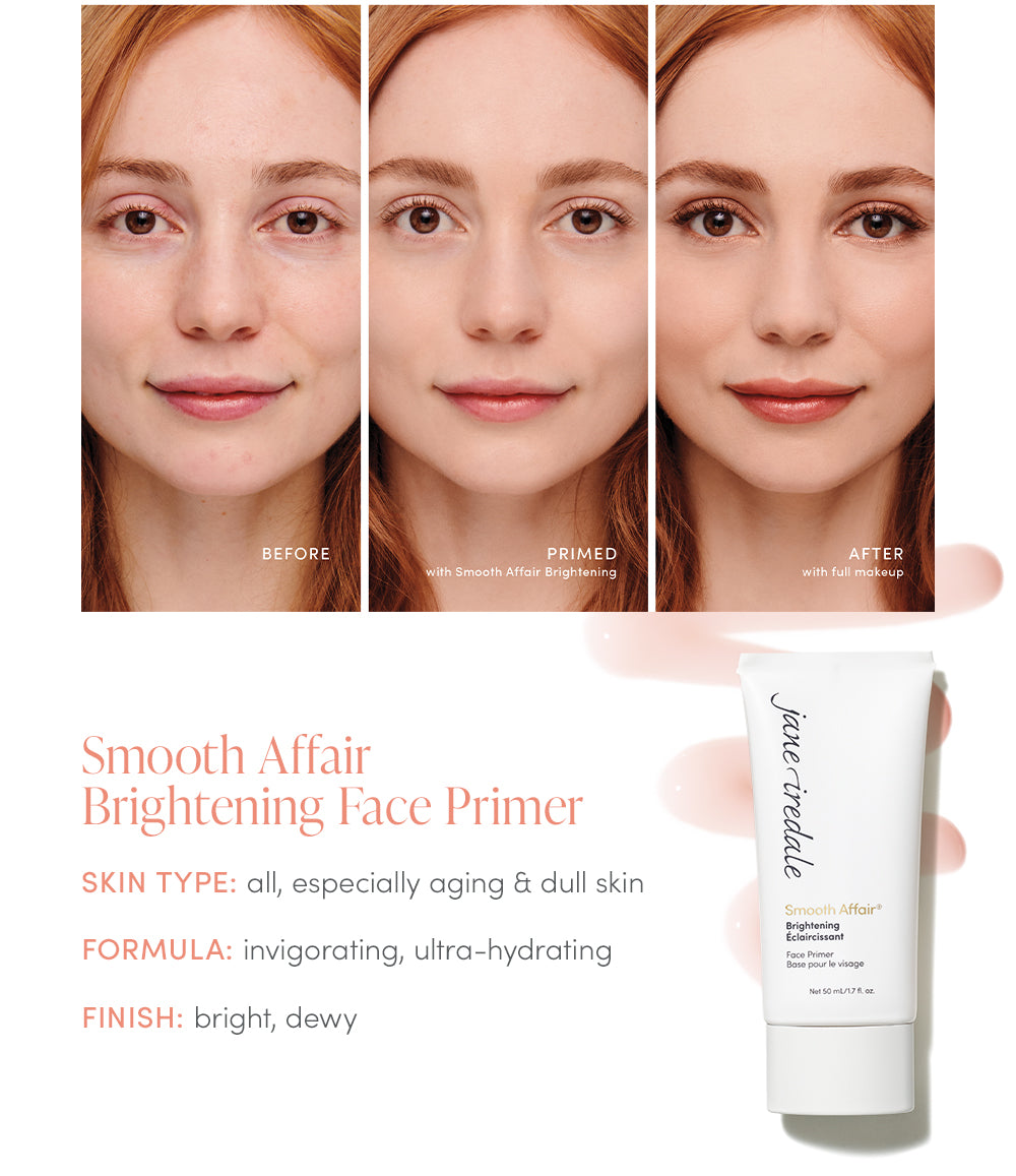 Before, during, and after application of a face primer with a tube of jane iredale product.