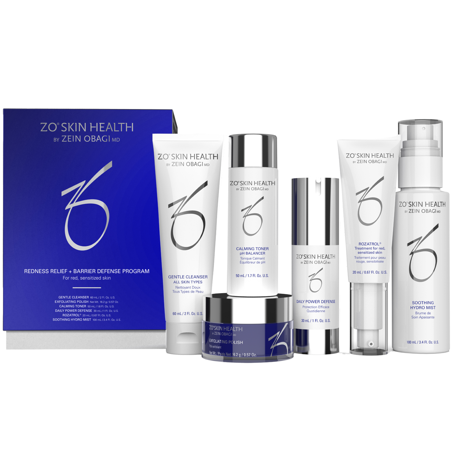 Boxed kit of ZO Redness Relief + Barrier Defense Program with travel-size skincare products
