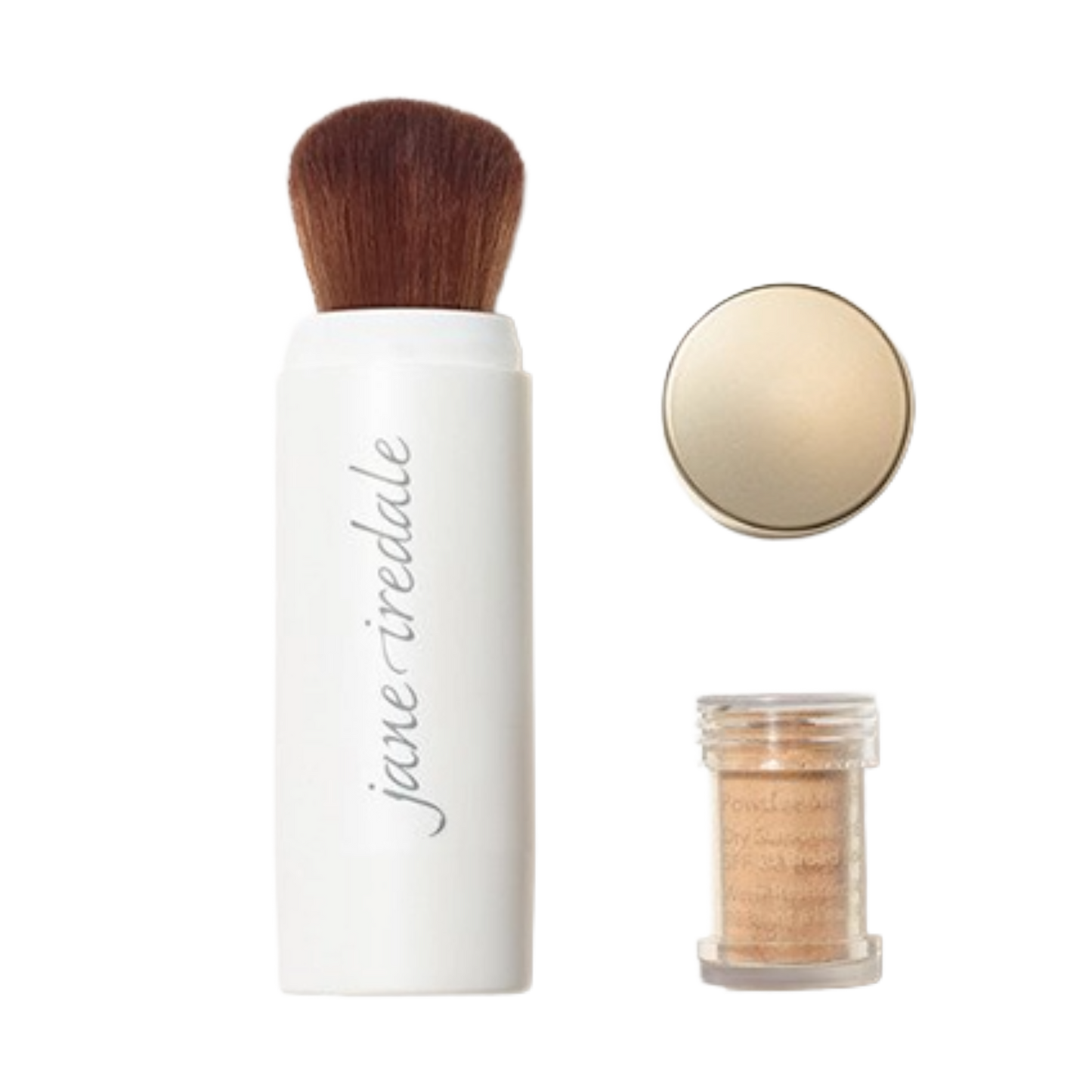 Makeup brush, container of powder, and jar of loose powder on a white background with 'jane iredale' branding.