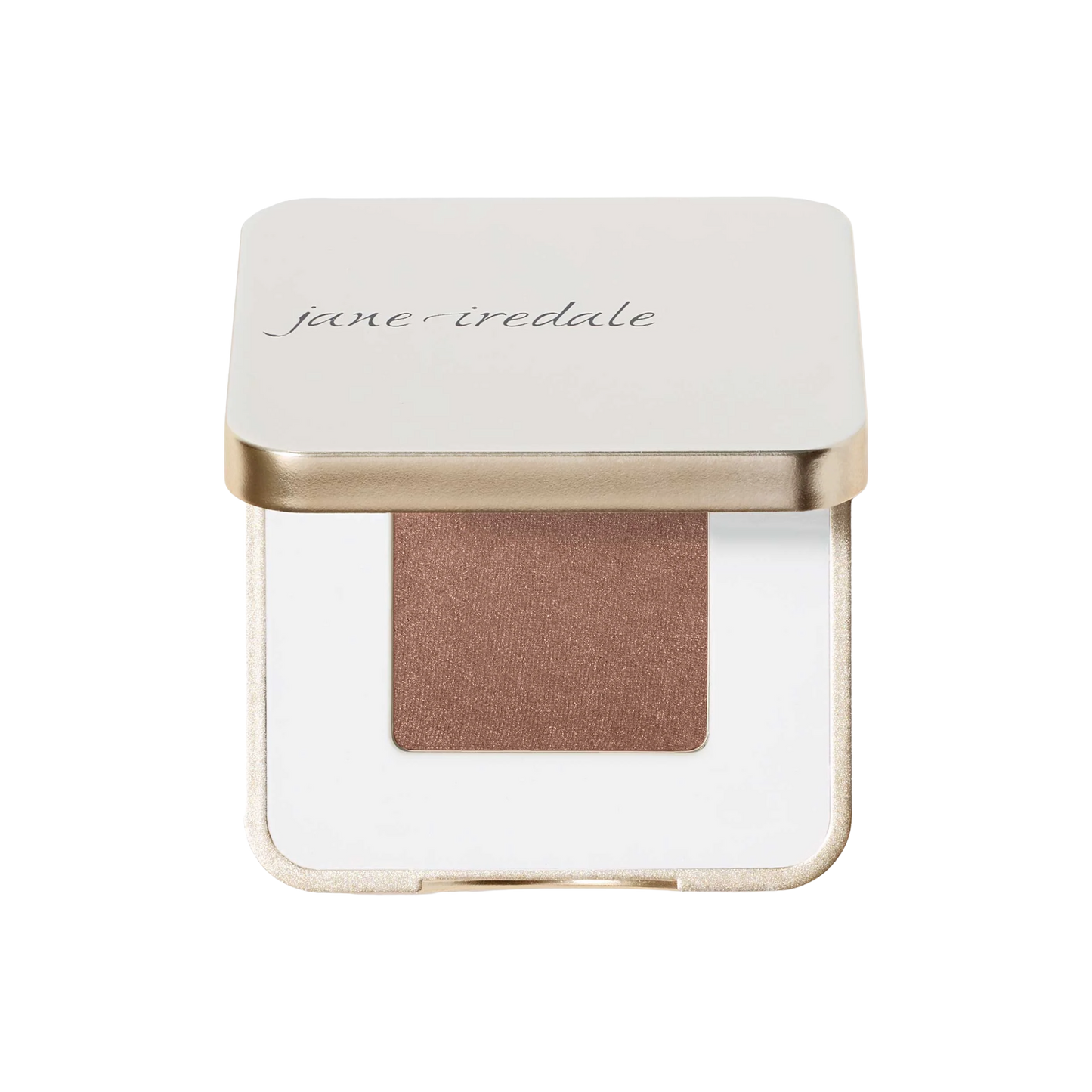 Jane Iredale makeup compact with a brown shade on a white background