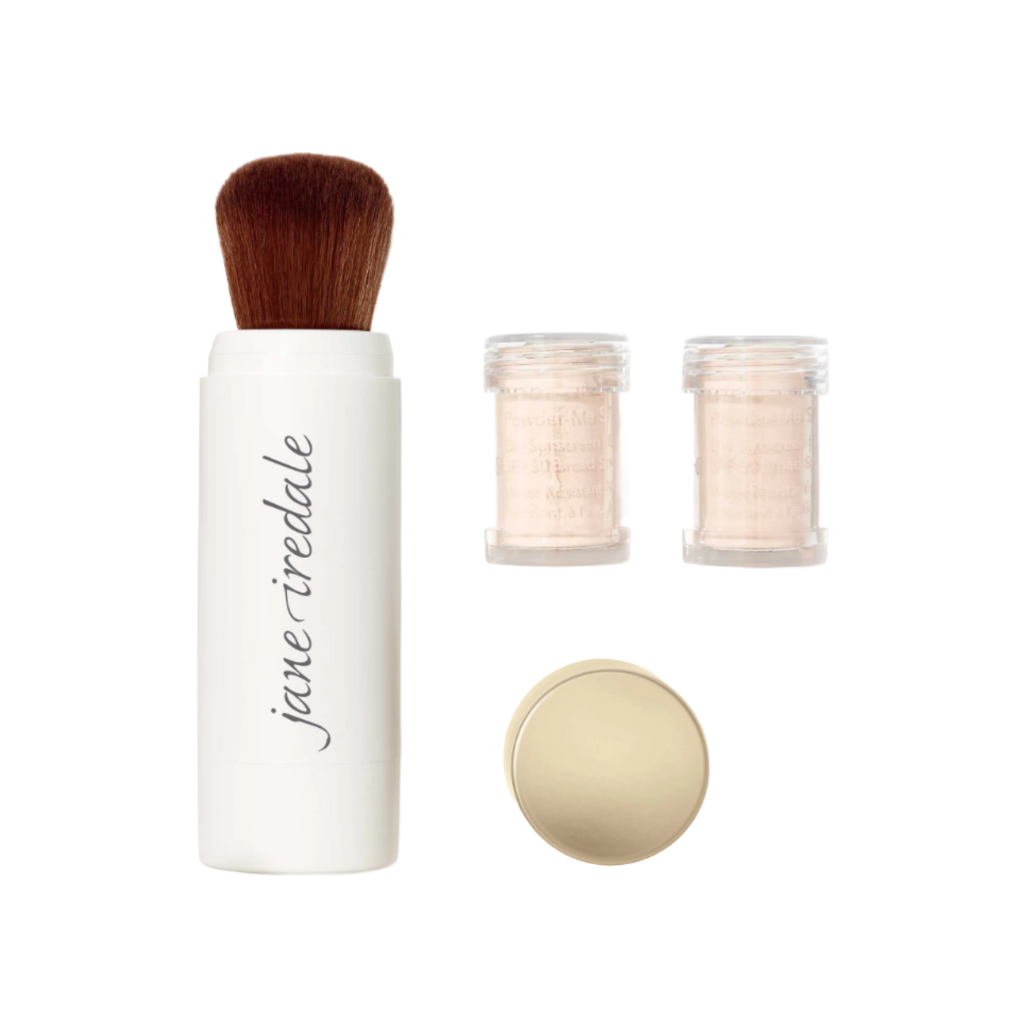 Makeup brush, container of powder, and jar of loose powder on a white background with 'jane iredale' branding.