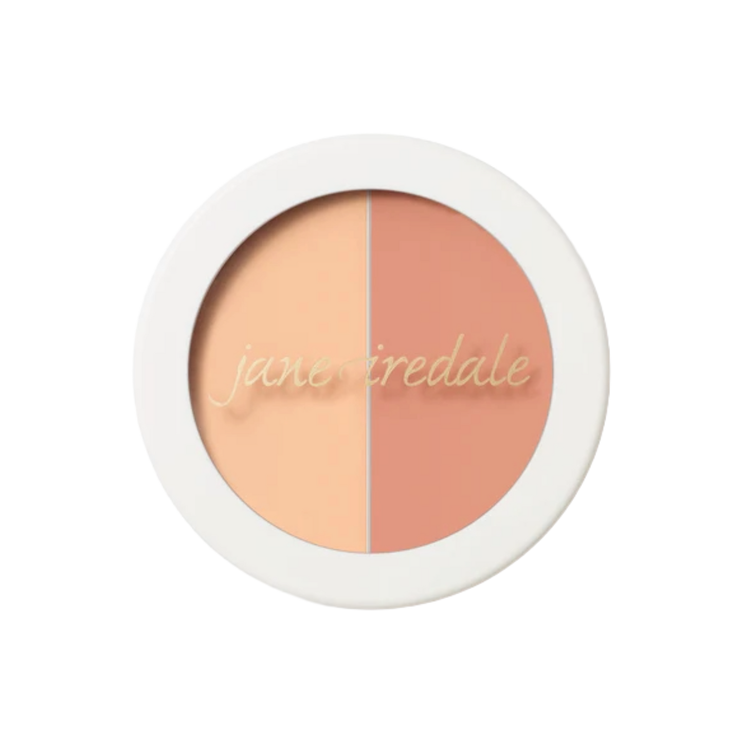 Two-toned makeup compact with 'jane iredale' branding on a white background