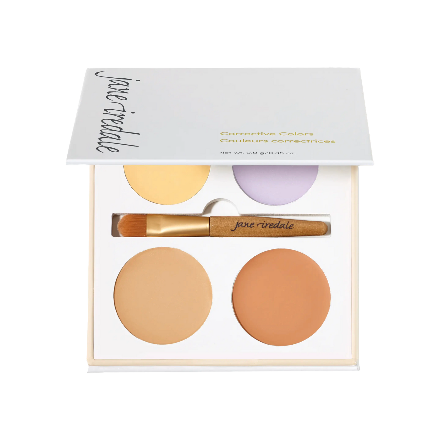 Jane Iredale corrective colors with a brush in open packaging on a white background
