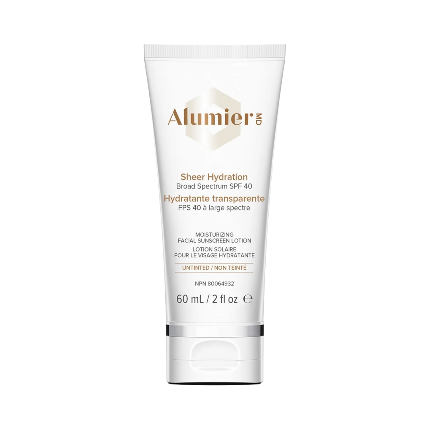 AlumierMD Sheer Hydration Broad Spectrum SPF 40 sunscreen bottle on white background, lightweight mineral SPF 40 with sheer finish