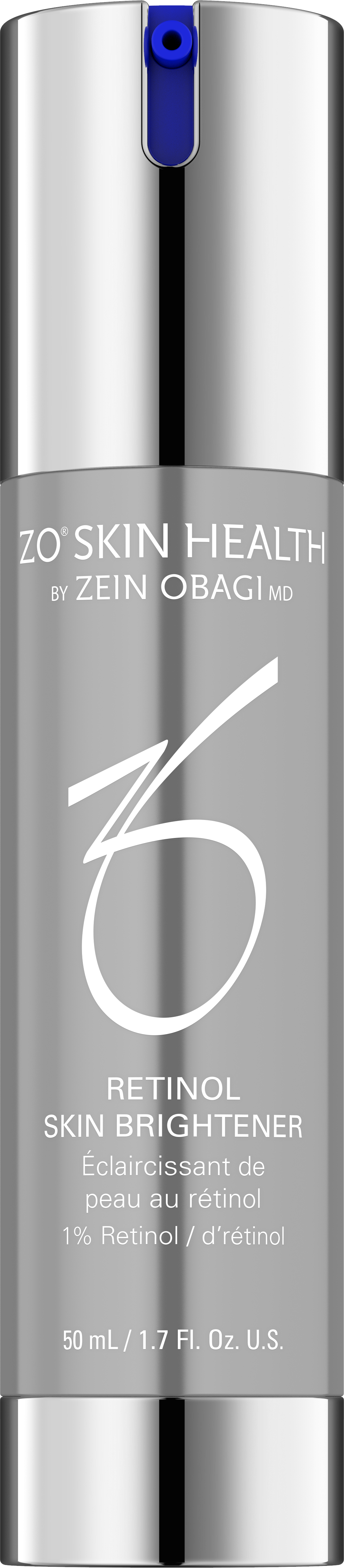 Retinol skin brightener by ZO Skin Health with branding and product details.
