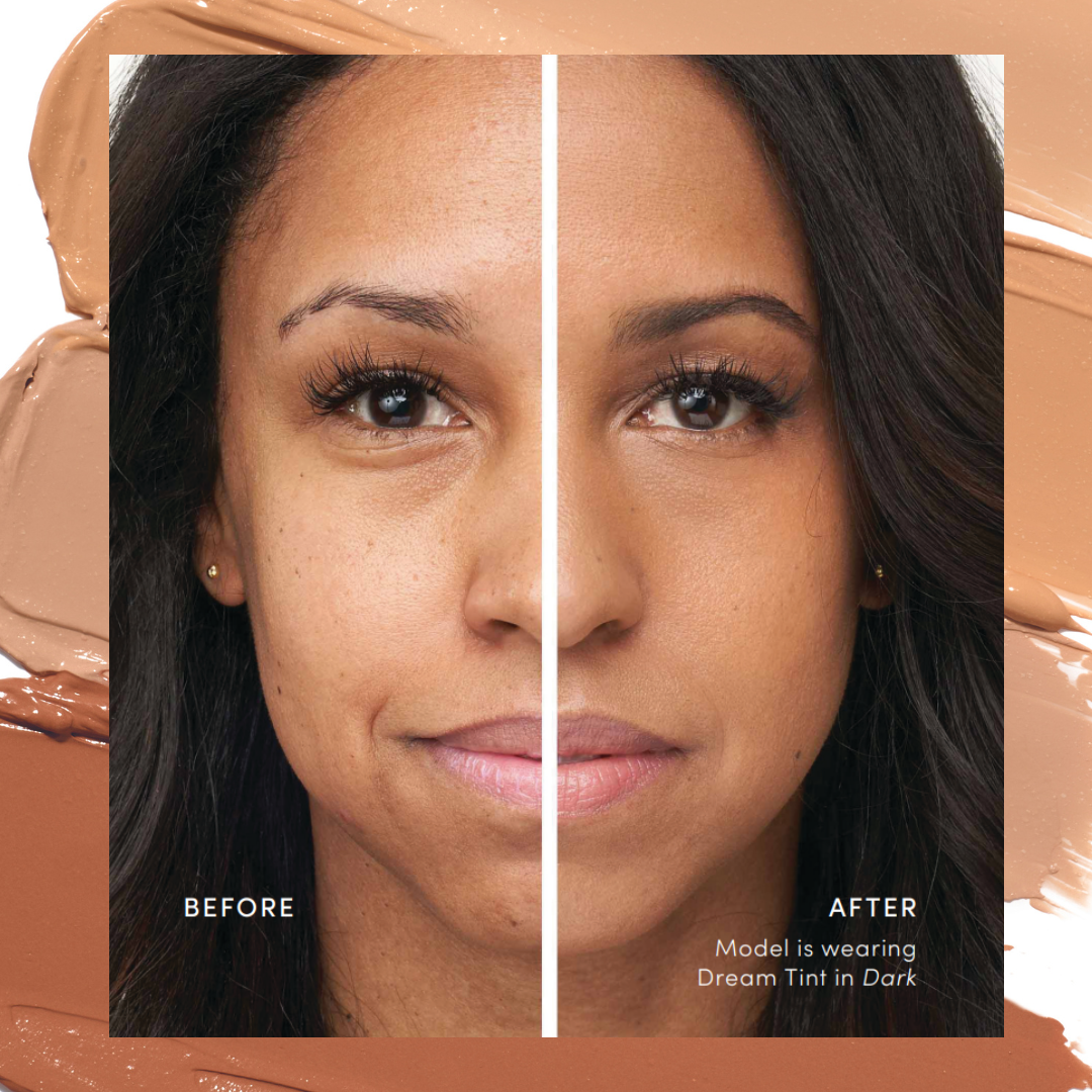 Before and after comparison of a woman's face with Dream Tint® Tinted Moisturizer SPF 15