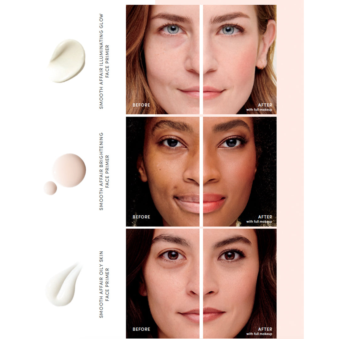 Before and after comparison of a face primer on different skin tones with product application shown.