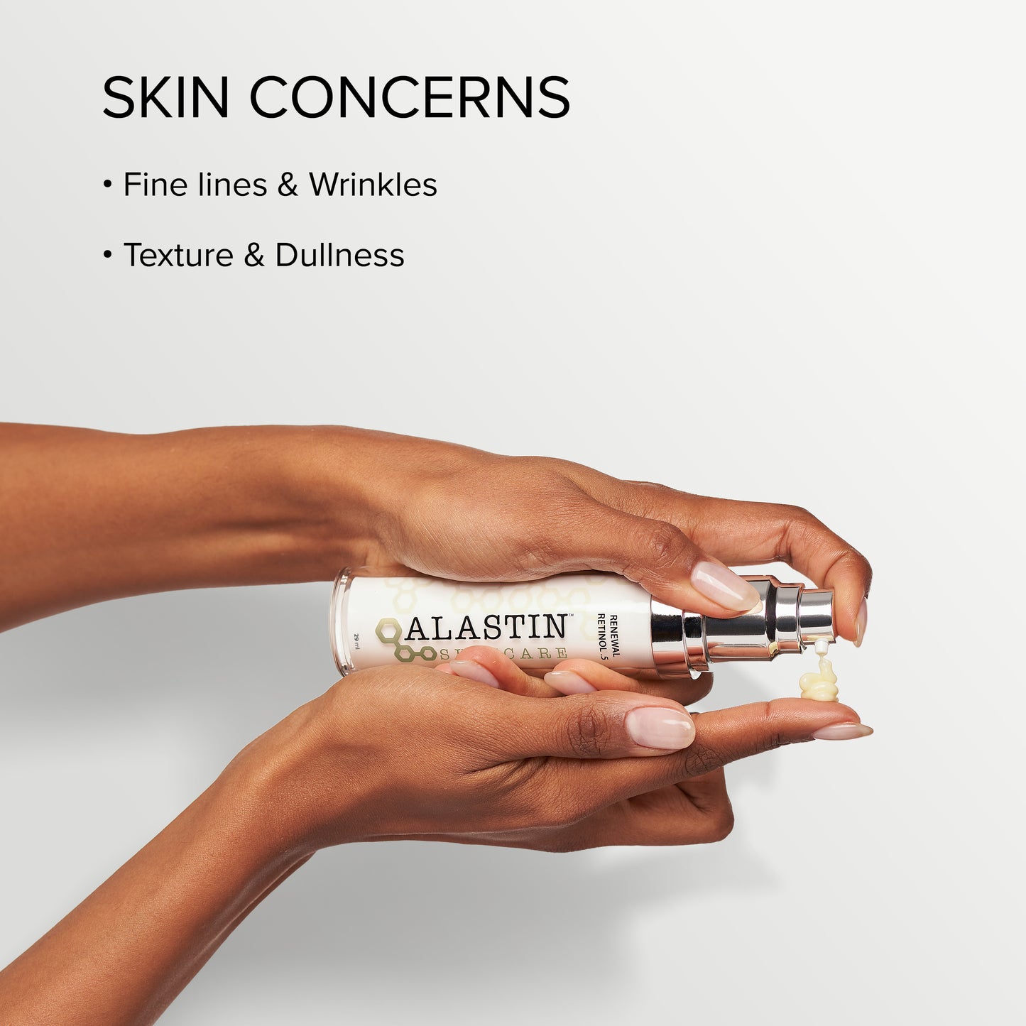 Person holding a Bottle of Alastin Renewal Retinol for nighttime skin renewal with hydration with text about skin concerns on a light background
