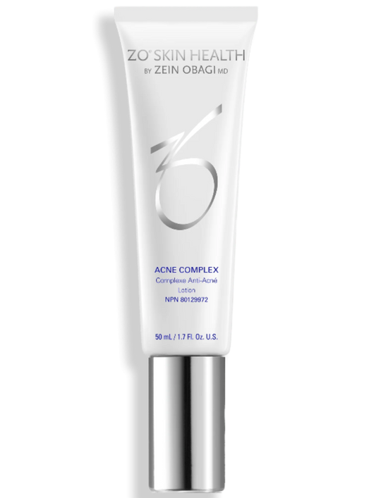 ZO Skin Health Acne Complex tube on a green background