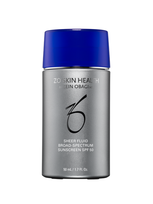 ZO Skin Health Sheer Fluid bottle with blue cap on a white background