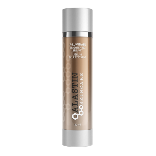 Skincare serum bottle with 'Alastin' branding on a white background