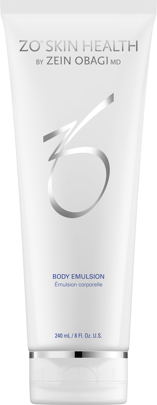 ZO Skin Health body emulsion tube on a white background