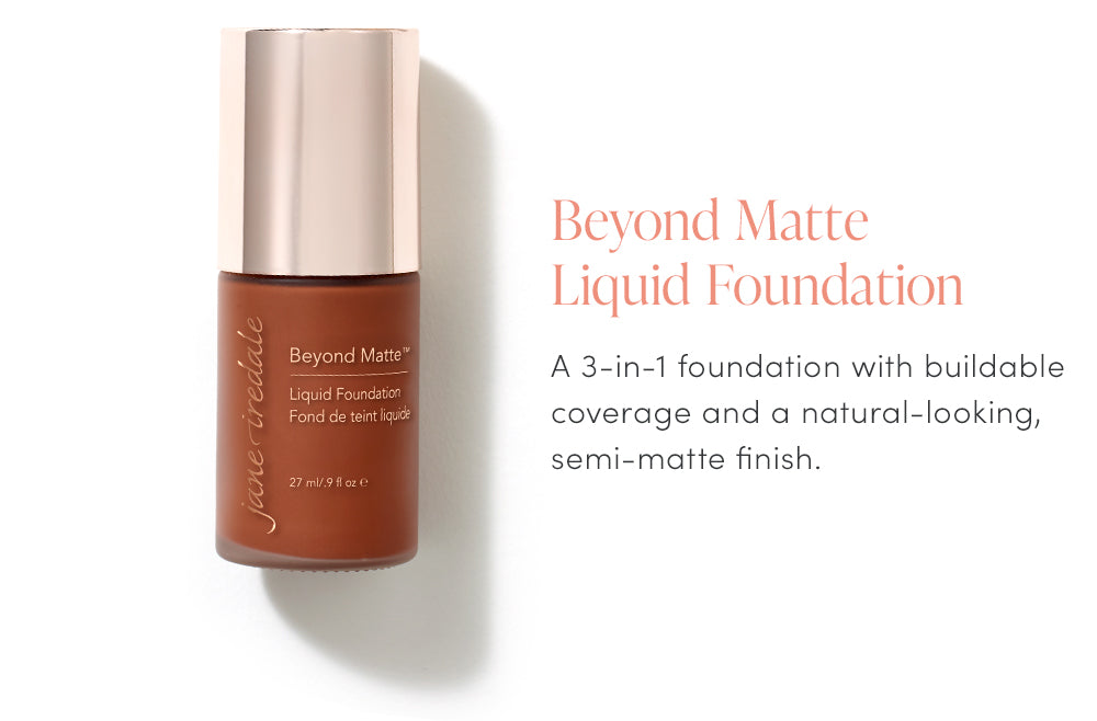 Brown bottle of 'Beyond Matte Liquid Foundation' with text on a white background