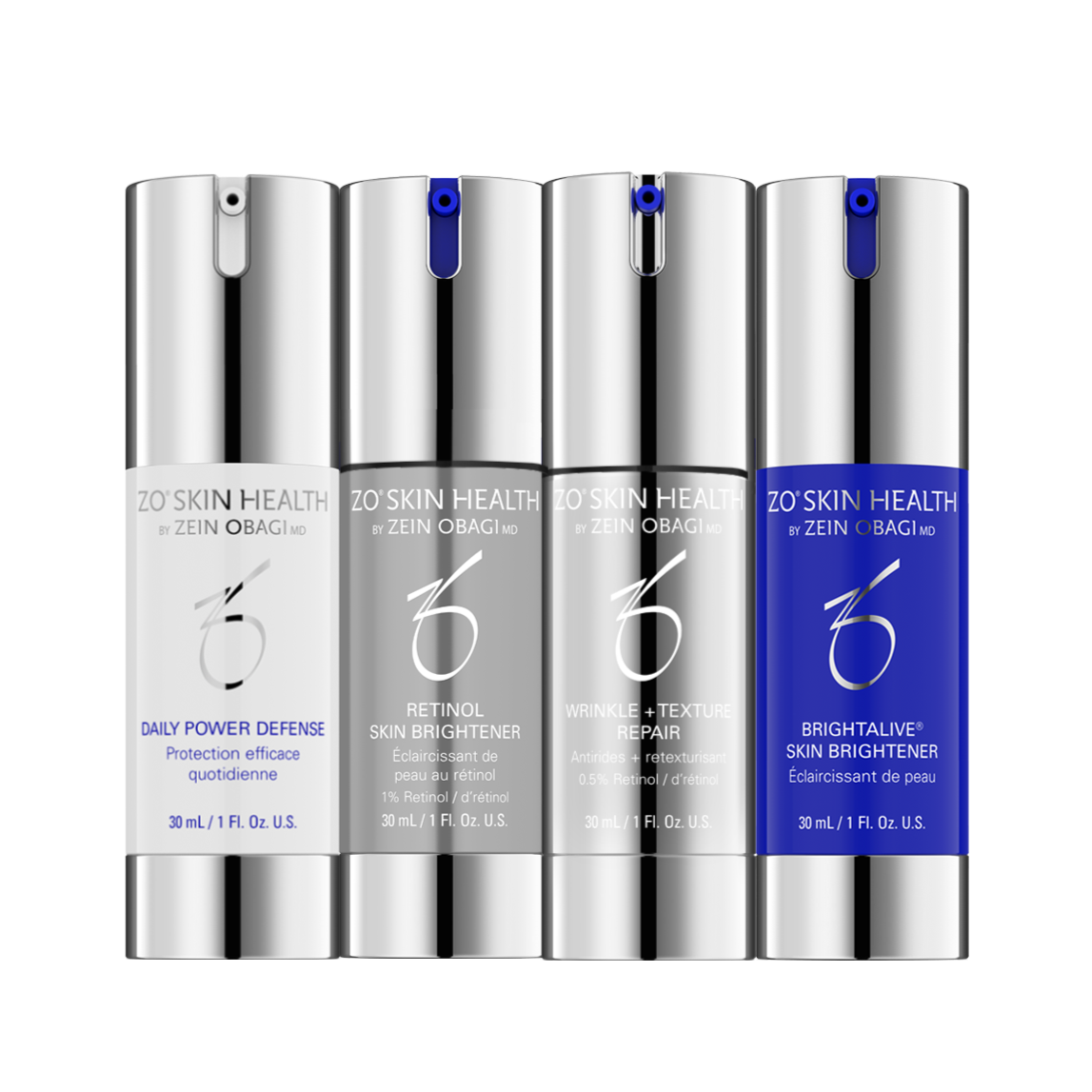 Set of ZO Skin Health skincare products on a white background
