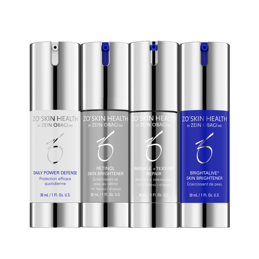 Set of ZO Skin Health skincare products on a white background