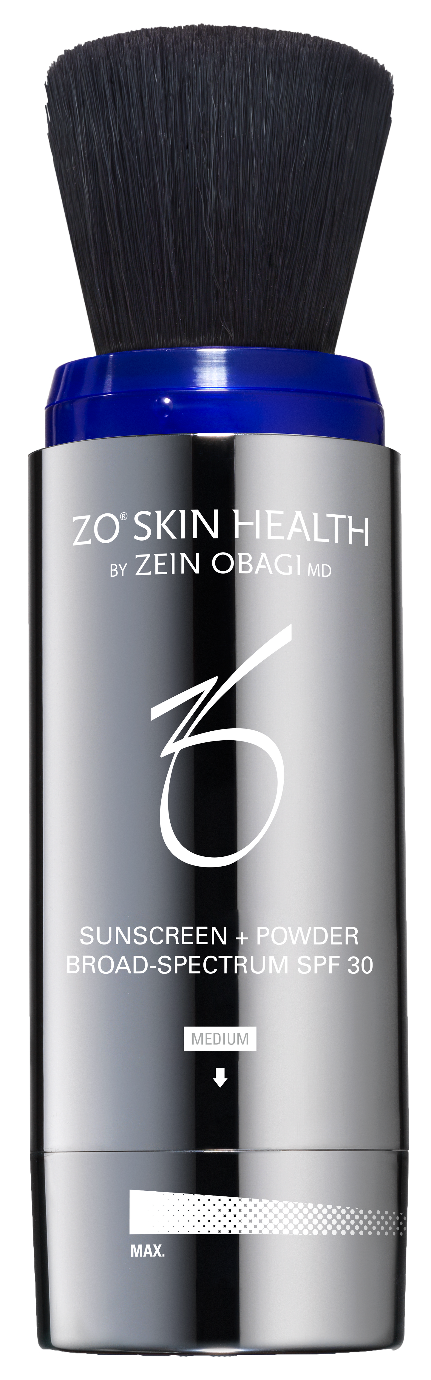 ZO Skin Health sunscreen powder with brush applicator on a white background