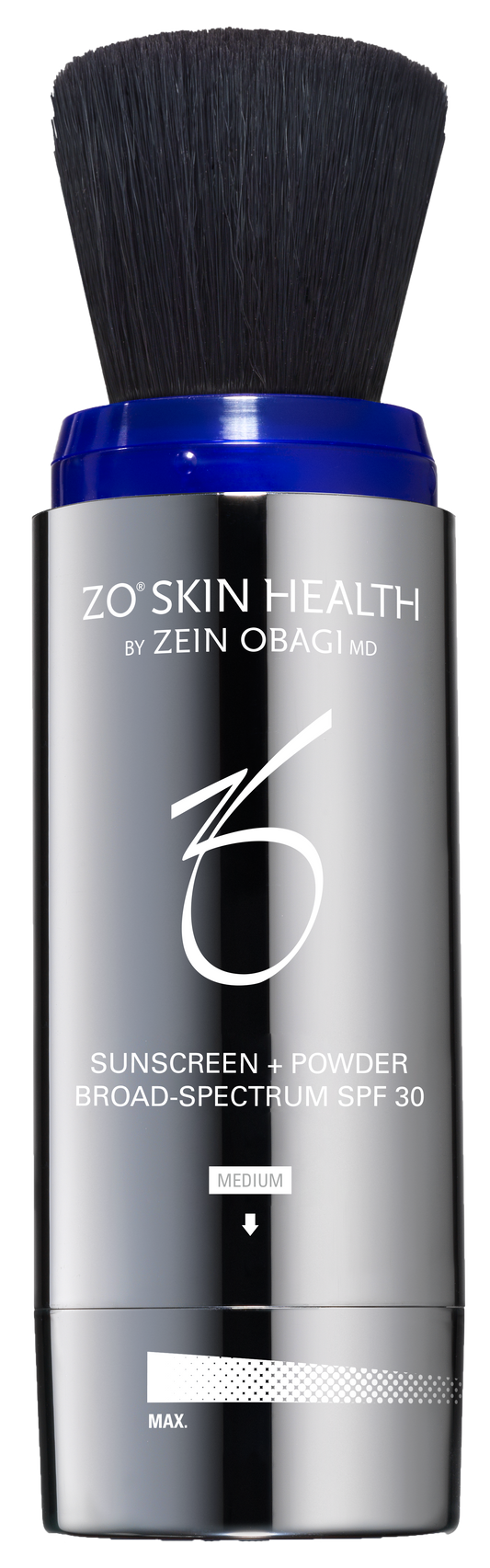 ZO Skin Health sunscreen powder with brush applicator on a white background