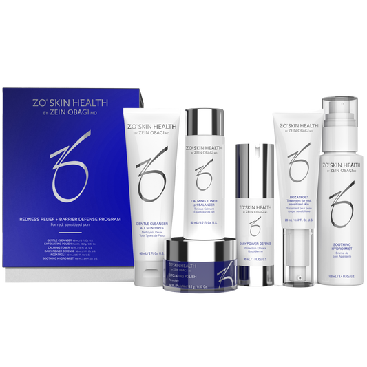 Boxed kit of ZO Redness Relief + Barrier Defense Program with travel-size skincare products

