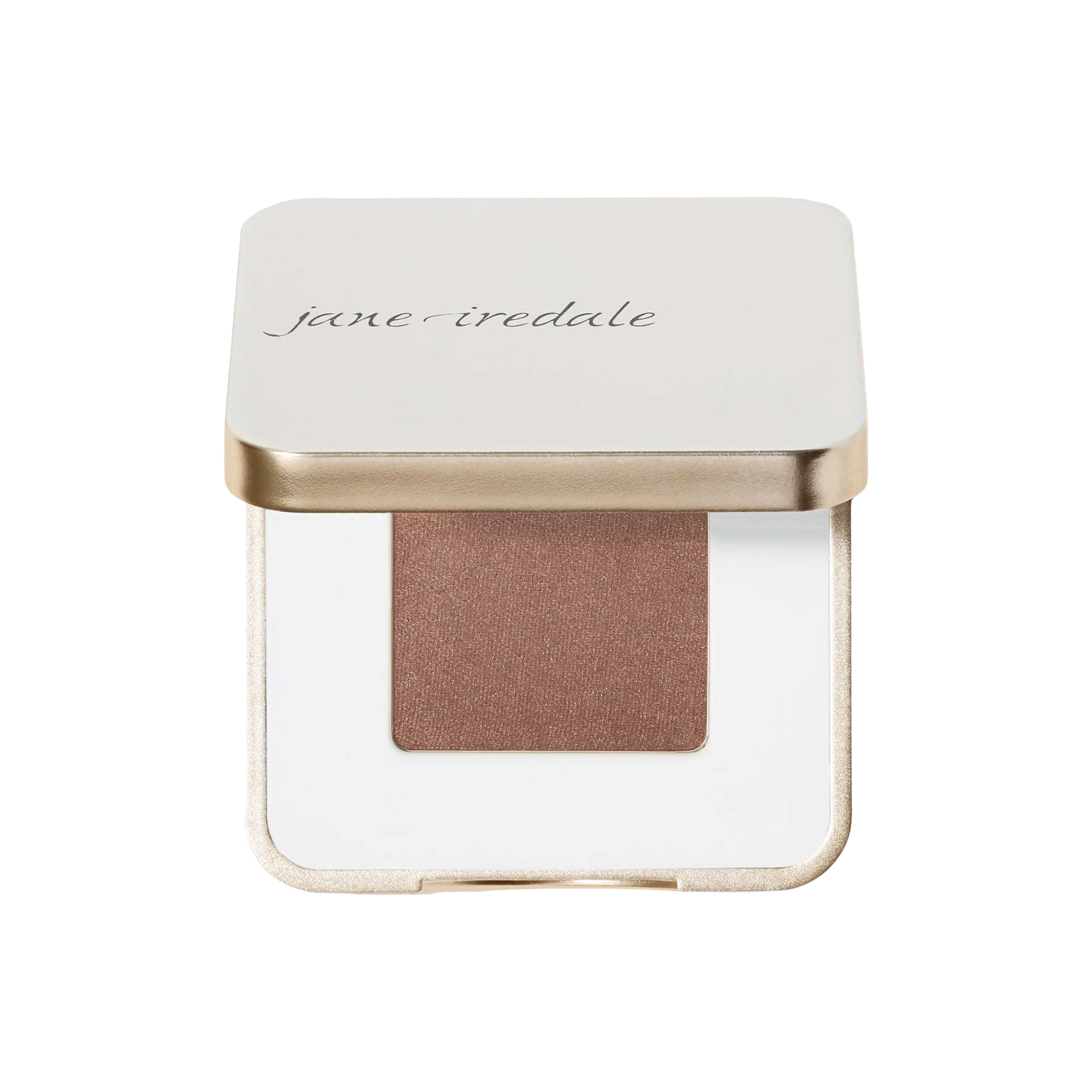 Jane Iredale makeup compact with a brown shade on a white background