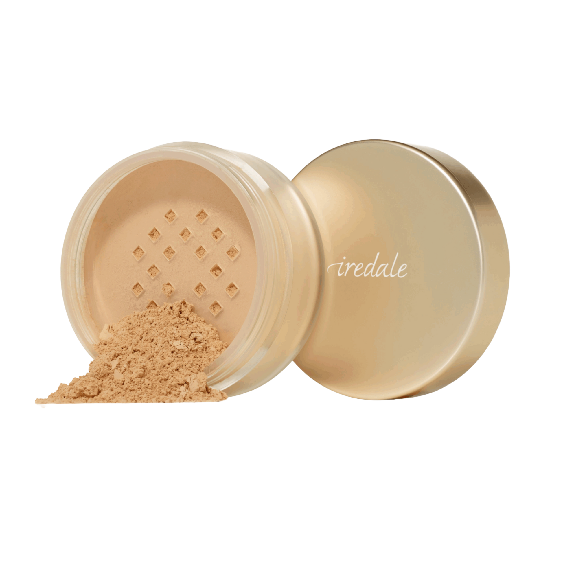 Open container of Amazing Base® Loose Mineral Powder SPF 20/15 with visible brand name on a white background