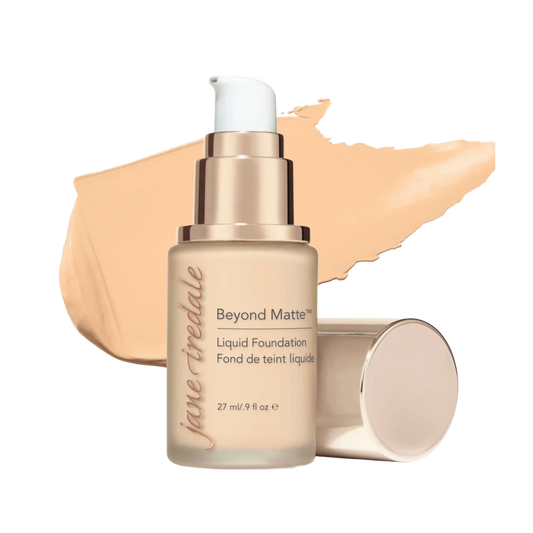Jane Iredale Beyond Matte Liquid Foundation bottle with beige color swatch on a white background