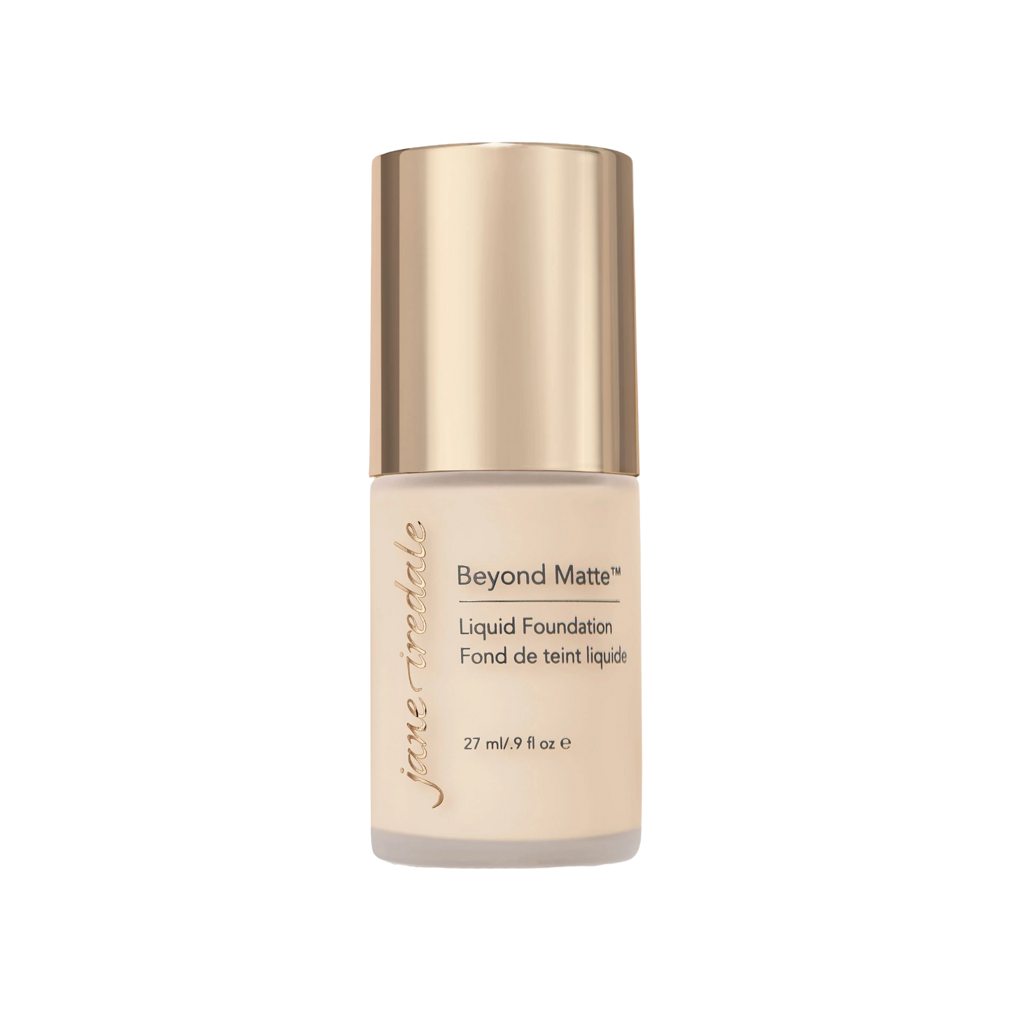 Jane Iredale Beyond Matte Liquid Foundation bottle with beige color swatch on a white background