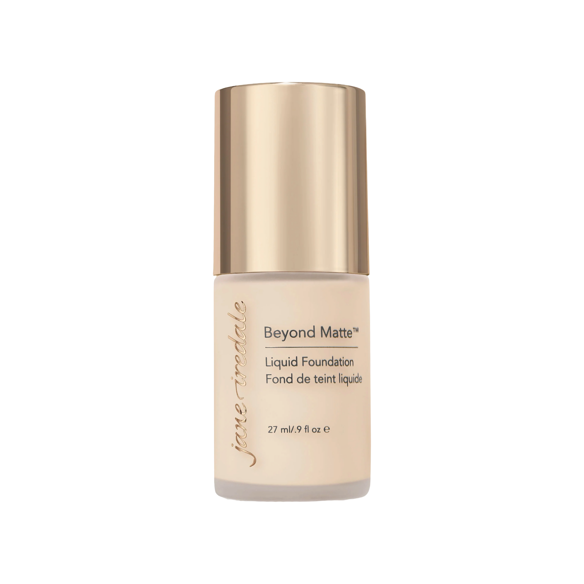 Jane Iredale Beyond Matte Liquid Foundation bottle with beige color swatch on a white background