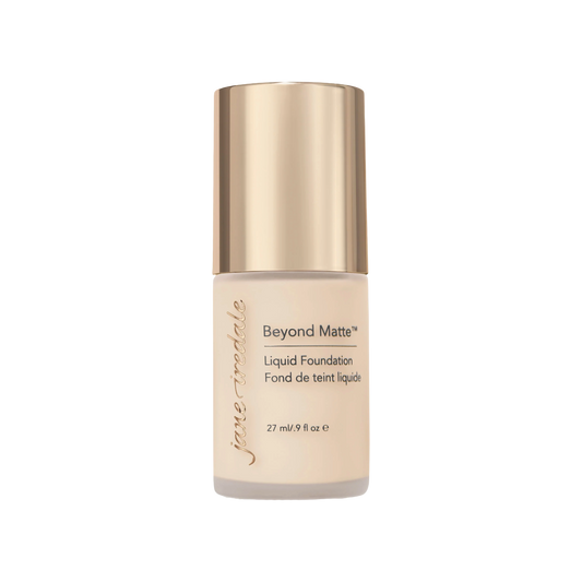 Jane Iredale Beyond Matte Liquid Foundation bottle with beige color swatch on a white background