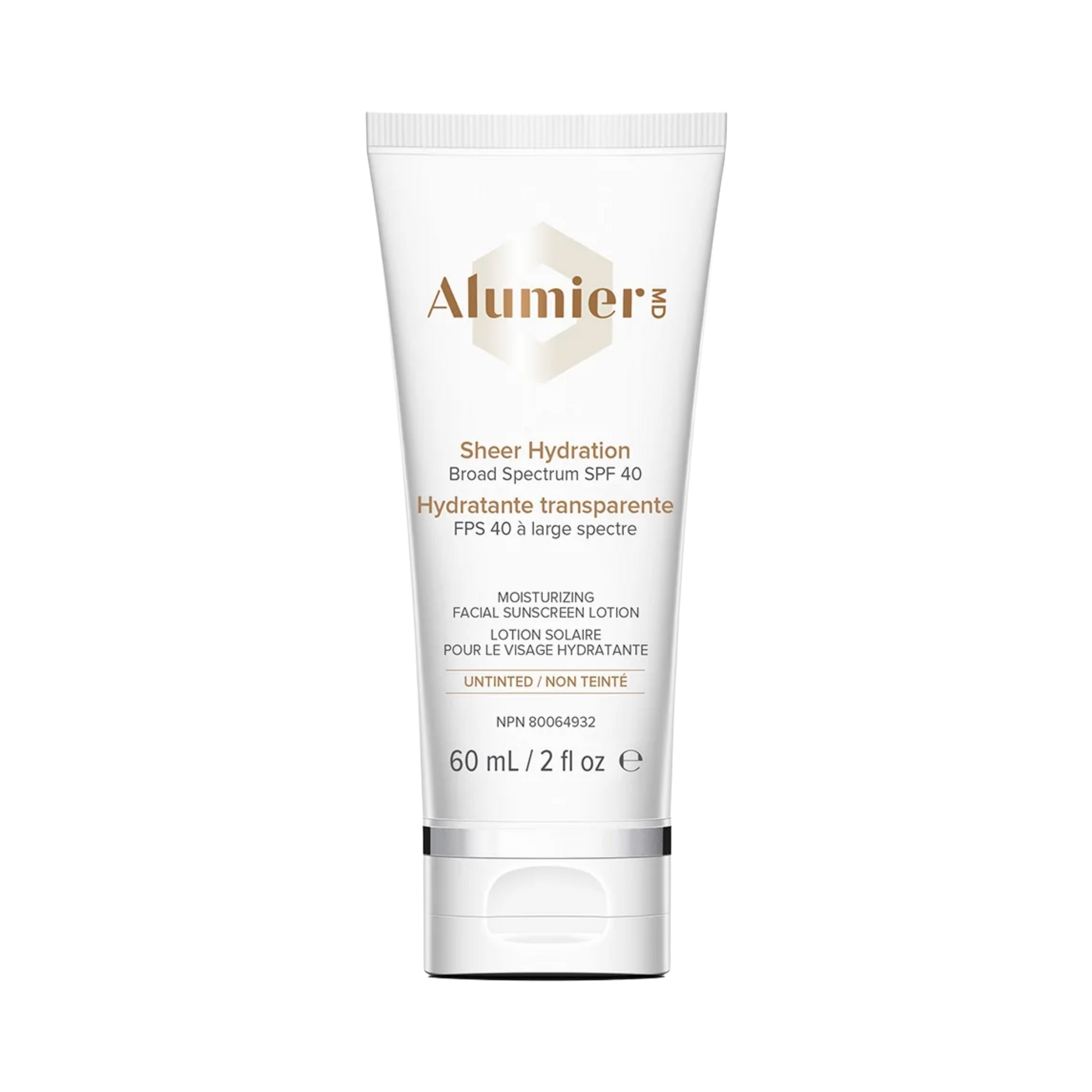 AlumierMD Sheer Hydration Broad Spectrum SPF 40 sunscreen bottle on white background, lightweight mineral SPF 40 with sheer finish
