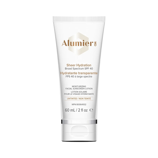 AlumierMD Sheer Hydration Broad Spectrum SPF 40 sunscreen bottle on white background, lightweight mineral SPF 40 with sheer finish