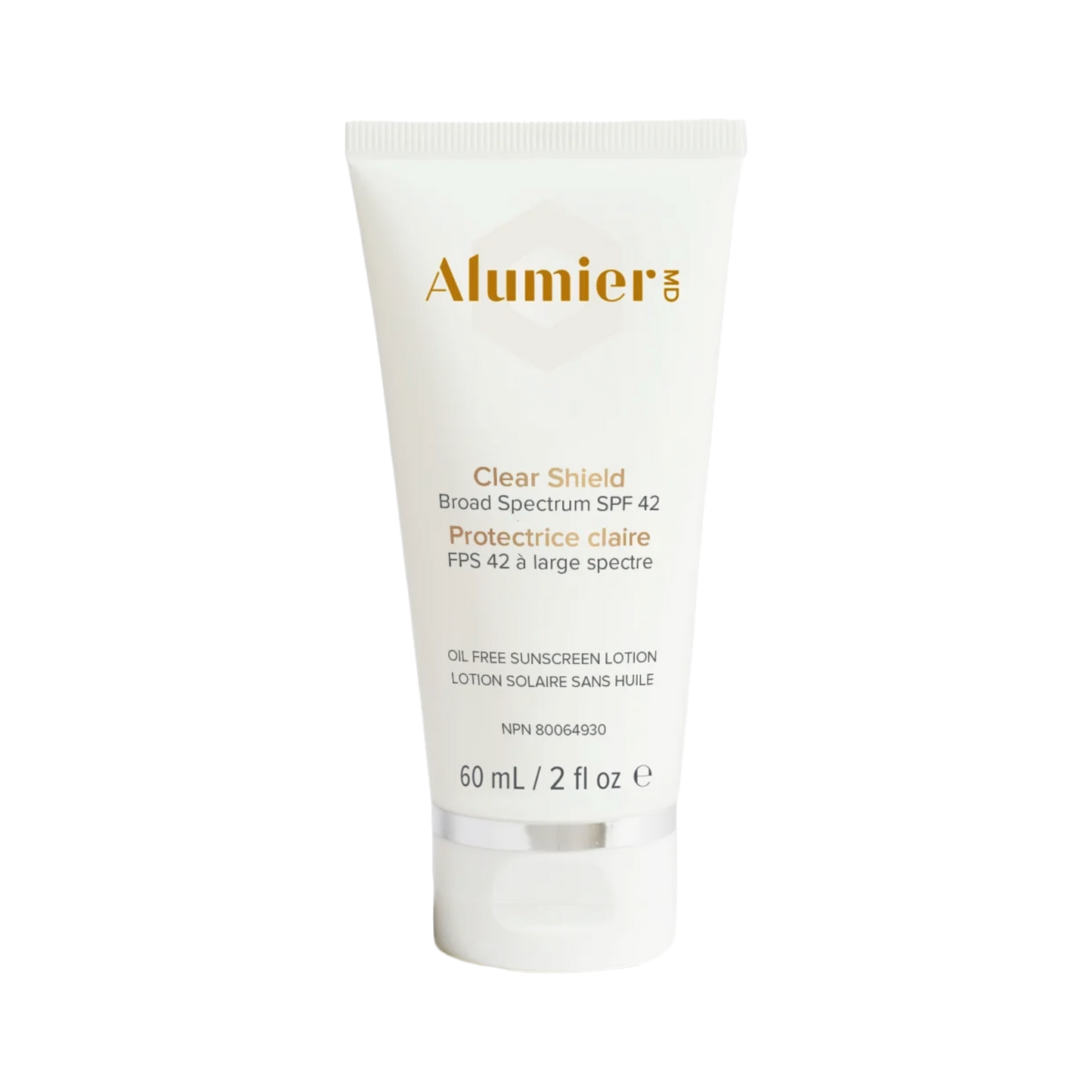 AlumierMD Clear Shield Broad Spectrum SPF 42 sunscreen bottle on white background, oil-free lightweight mineral SPF 42