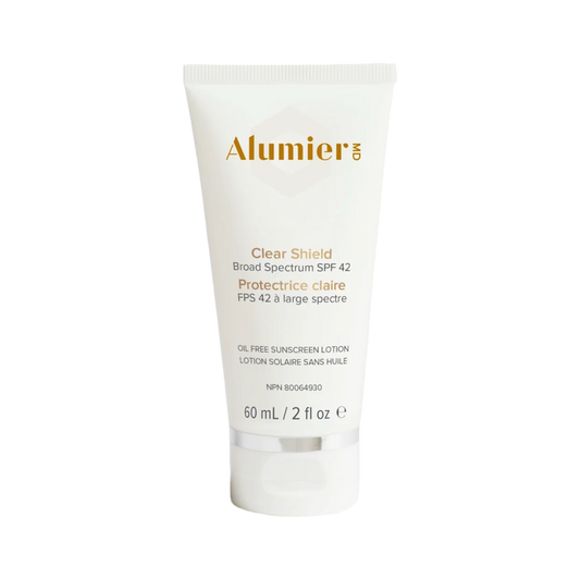 AlumierMD Clear Shield Broad Spectrum SPF 42 sunscreen bottle on white background, oil-free lightweight mineral SPF 42