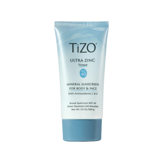 TIZO Ultra Zinc Body & Face tinted sunscreen with 20% zinc oxide for broad-spectrum SPF protection and a natural-looking finish.
