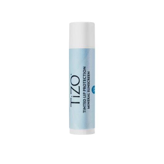 TIZO tinted lip balm SPF 45 with titanium dioxide and zinc oxide for chemical-free, broad-spectrum lip sun protection.