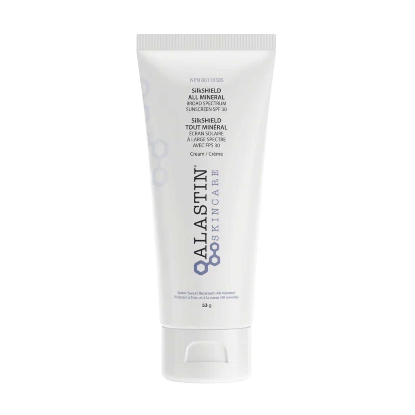 Alastin SilkSHIELD SPF 30 mineral sunscreen with TriHex Technology, tube on white background, sheer finish for sensitive or post-procedure skin