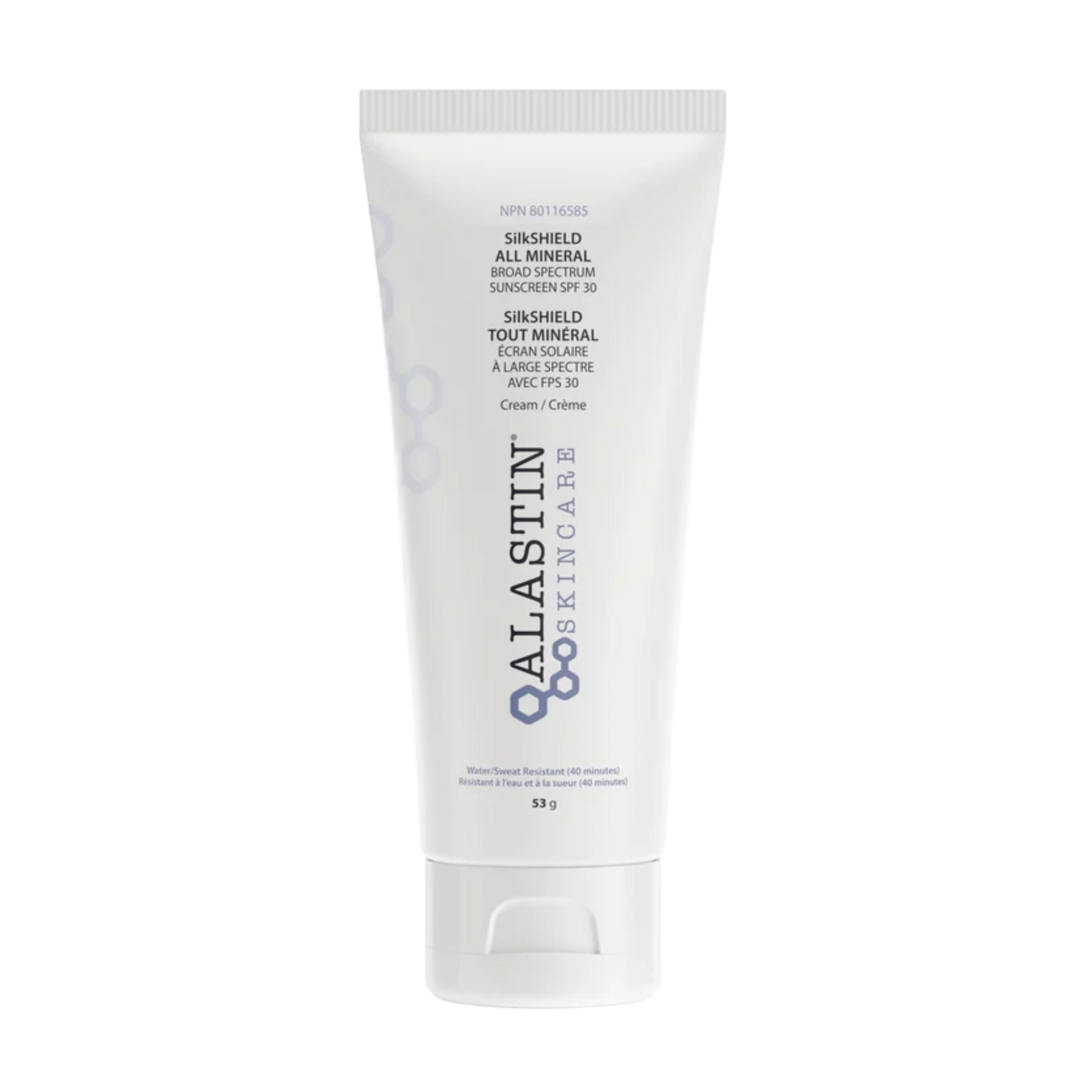 Alastin SilkSHIELD SPF 30 mineral sunscreen with TriHex Technology, tube on white background, sheer finish for sensitive or post-procedure skin