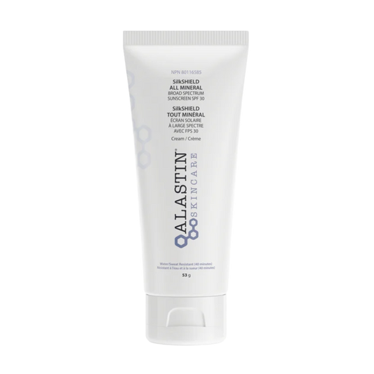 Alastin SilkSHIELD SPF 30 mineral sunscreen with TriHex Technology, tube on white background, sheer finish for sensitive or post-procedure skin