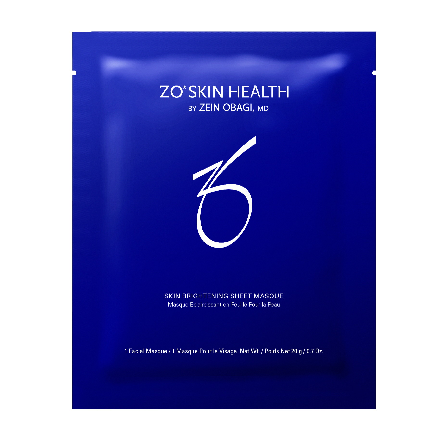 ZO Skin Health brightening sheet mask packaging on a white background