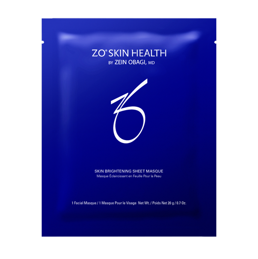 ZO Skin Health brightening sheet mask packaging on a white background