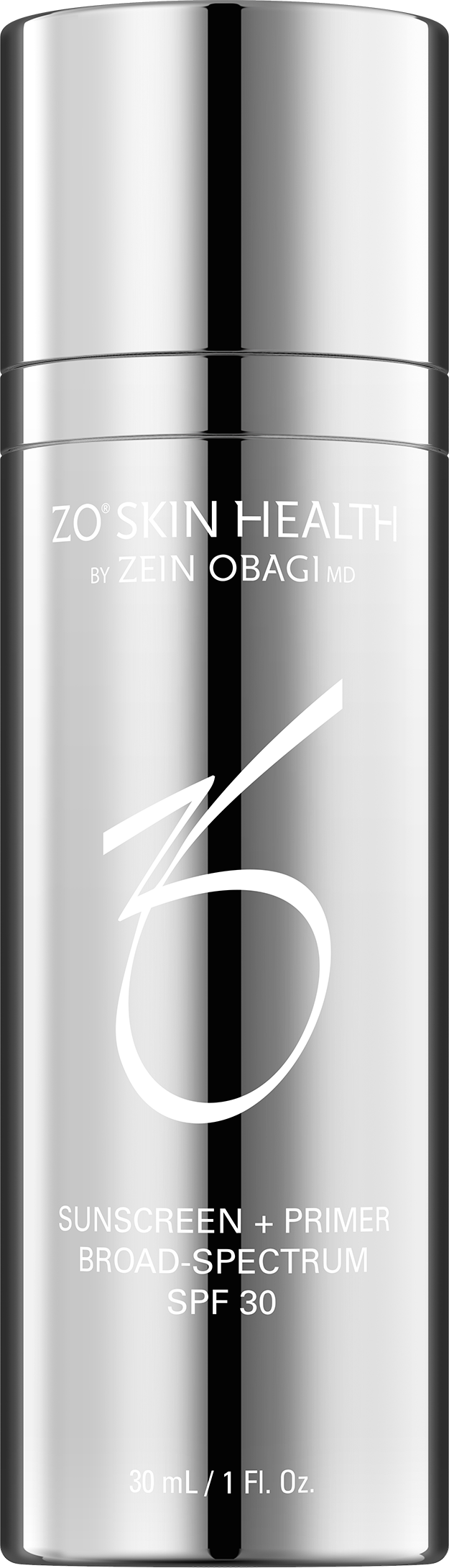 ZO Skin Health sunscreen & primer bottle with SPF 30 on a white background