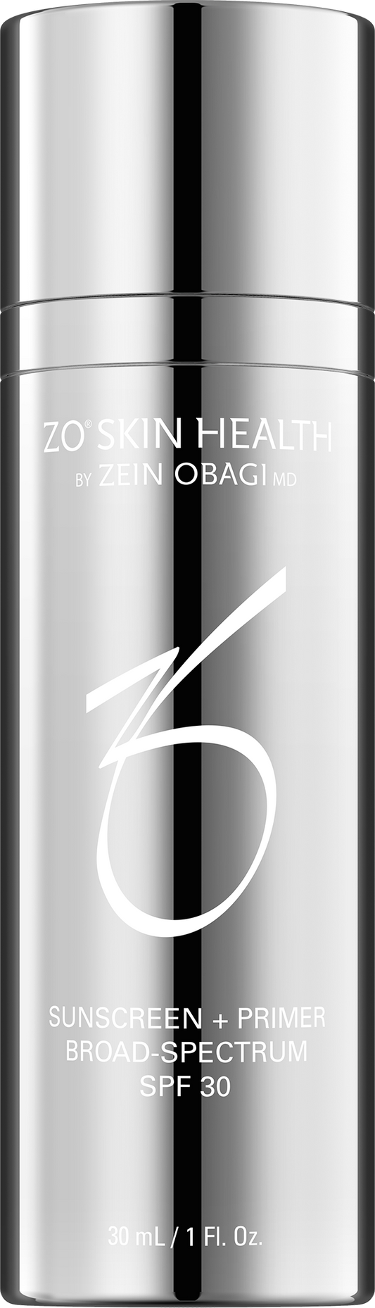 ZO Skin Health sunscreen & primer bottle with SPF 30 on a white background