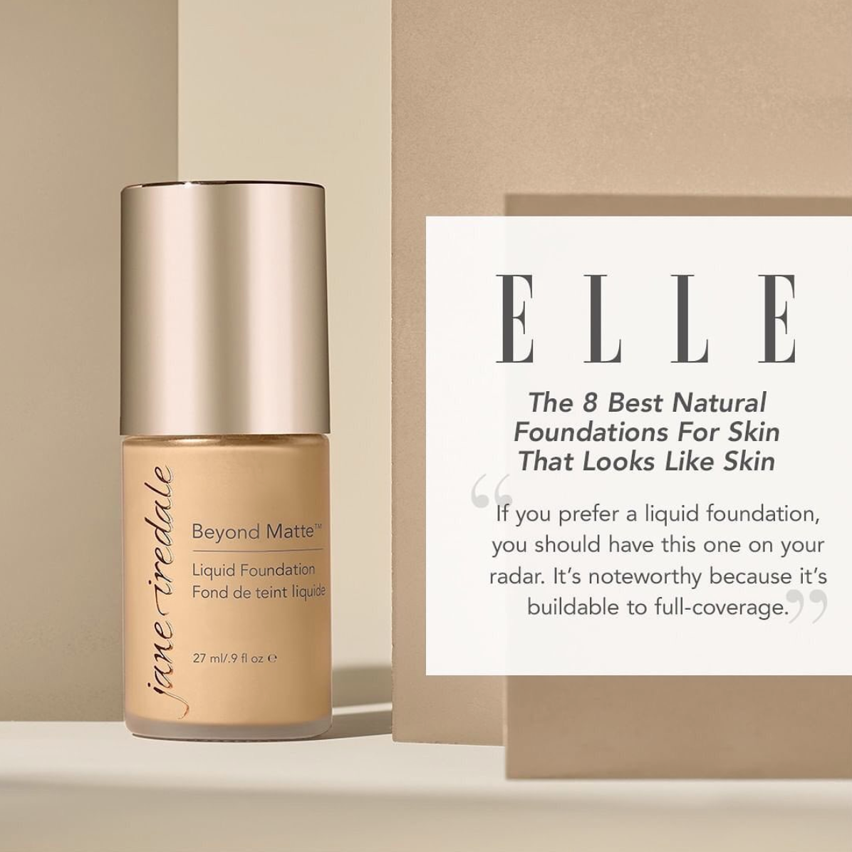Foundation bottle with 'ELLE' magazine article on a beige background